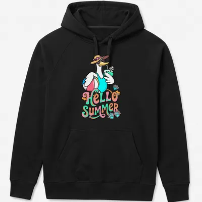 Retro T-shirt featuring a cute swan and the text 'HELLO SUMMER' in bright colors — printed on a unisex hoodie