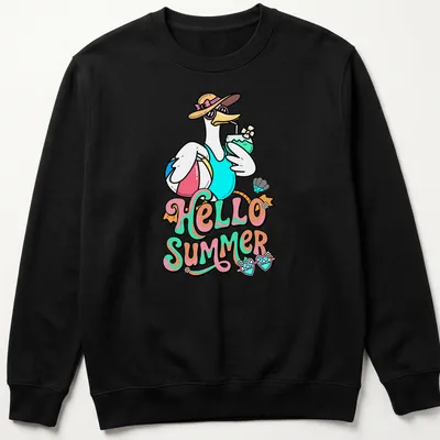 Retro T-shirt featuring a cute swan and the text 'HELLO SUMMER' in bright colors — printed on a unisex sweatshirt