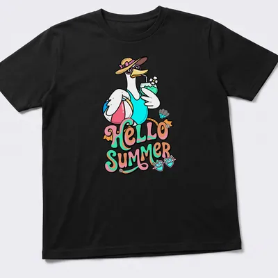 Retro T-shirt featuring a cute swan and the text 'HELLO SUMMER' in bright colors
