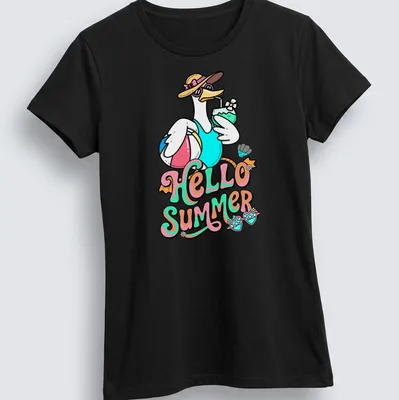 Retro T-shirt featuring a cute swan and the text 'HELLO SUMMER' in bright colors — printed on a women's shirt
