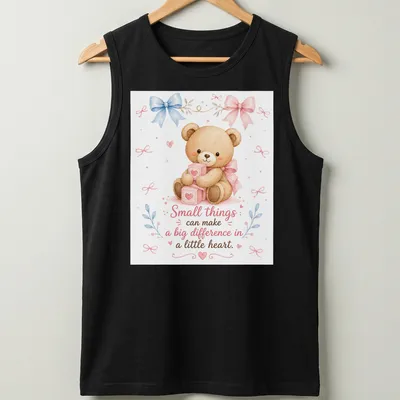 Watercolor graphic of a cute teddy bear with gifts and bows, featuring heartfelt text. — printed on a tank top