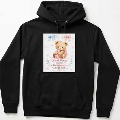 Watercolor graphic of a cute teddy bear with gifts and bows, featuring heartfelt text. — printed on a unisex hoodie