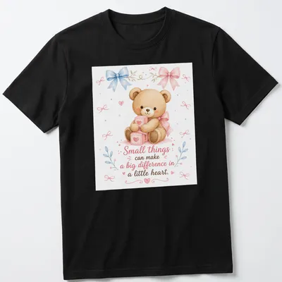 Watercolor graphic of a cute teddy bear with gifts and bows, featuring heartfelt text.