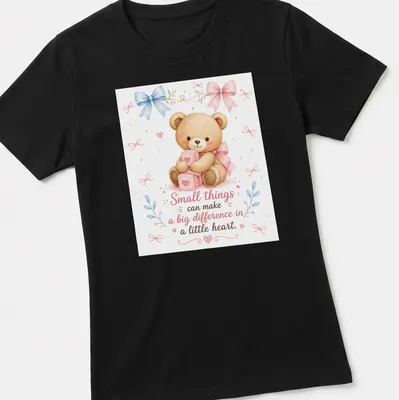 Watercolor graphic of a cute teddy bear with gifts and bows, featuring heartfelt text. — printed on a women's shirt