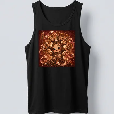 Kawaii-style T-shirt featuring a cute tree character with happy faces — printed on a tank top
