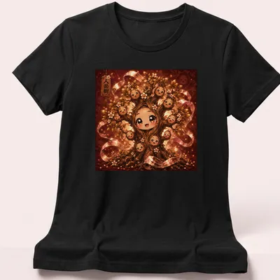Kawaii-style T-shirt featuring a cute tree character with happy faces — printed on a women's shirt