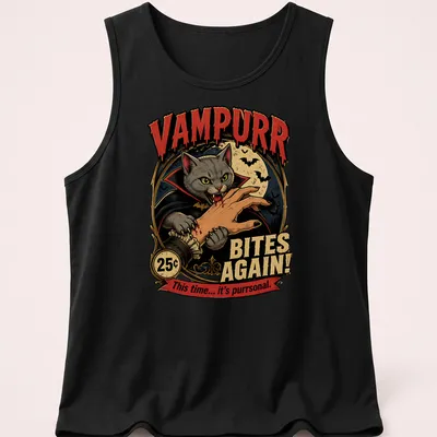 Vintage-style shirt featuring a cute vampire cat with text about purrsonal bites — printed on a tank top