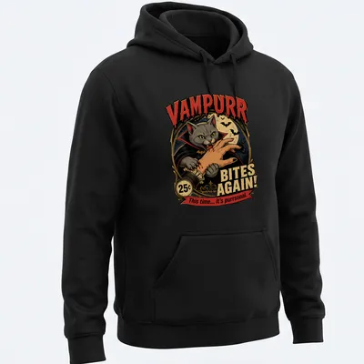Vintage-style shirt featuring a cute vampire cat with text about purrsonal bites — printed on a unisex hoodie
