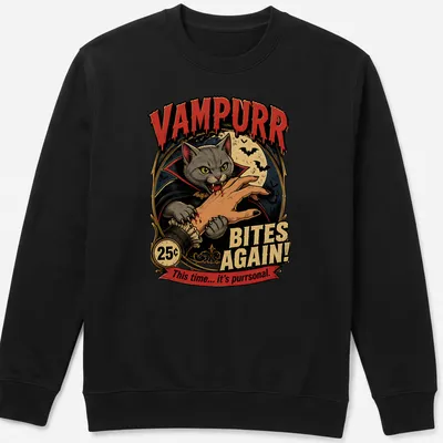 Vintage-style shirt featuring a cute vampire cat with text about purrsonal bites — printed on a unisex sweatshirt