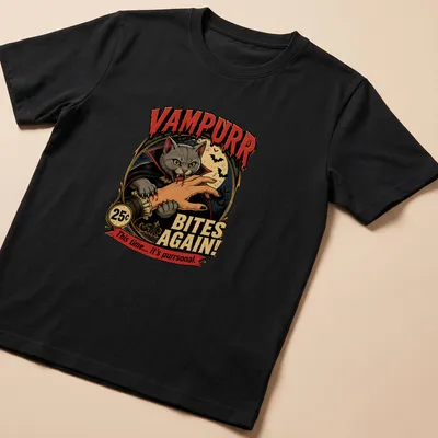 Vintage-style shirt featuring a cute vampire cat with text about purrsonal bites