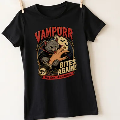 Vintage-style shirt featuring a cute vampire cat with text about purrsonal bites — printed on a women's shirt