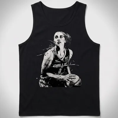 Black and white watercolor print of basketball player Paige Bueckers in action — printed on a tank top