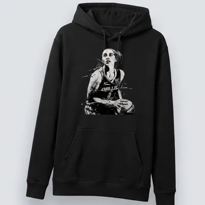 Black and white watercolor print of basketball player Paige Bueckers in action — printed on a unisex hoodie