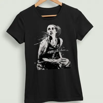 Black and white watercolor print of basketball player Paige Bueckers in action — printed on a women's shirt