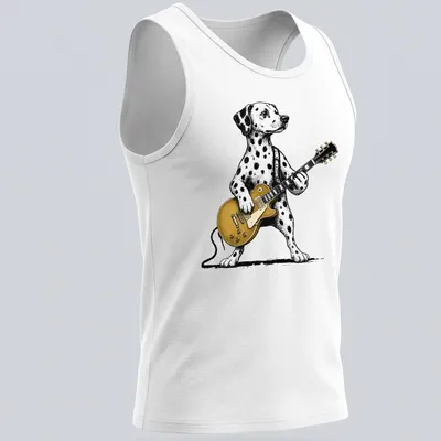 Retro graphic of a Dalmatian dog playing guitar in black, white, and gold — printed on a tank top