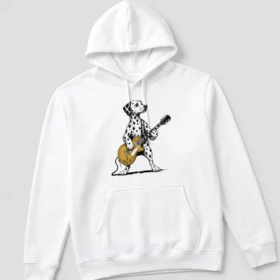 Retro graphic of a Dalmatian dog playing guitar in black, white, and gold — printed on a unisex hoodie