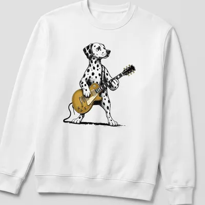 Retro graphic of a Dalmatian dog playing guitar in black, white, and gold — printed on a unisex sweatshirt