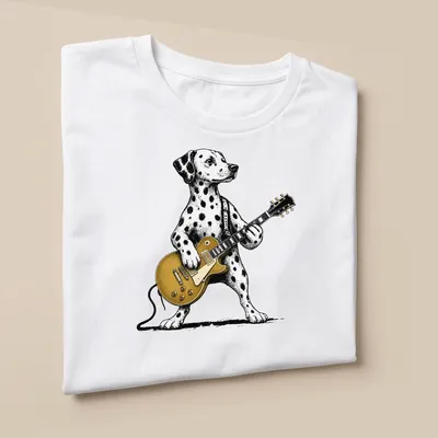 Retro graphic of a Dalmatian dog playing guitar in black, white, and gold — printed on a unisex t-shirt (angled view)
