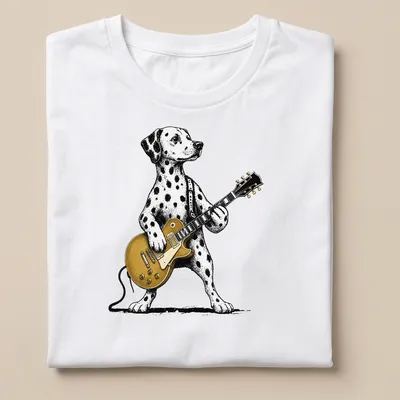 Retro graphic of a Dalmatian dog playing guitar in black, white, and gold