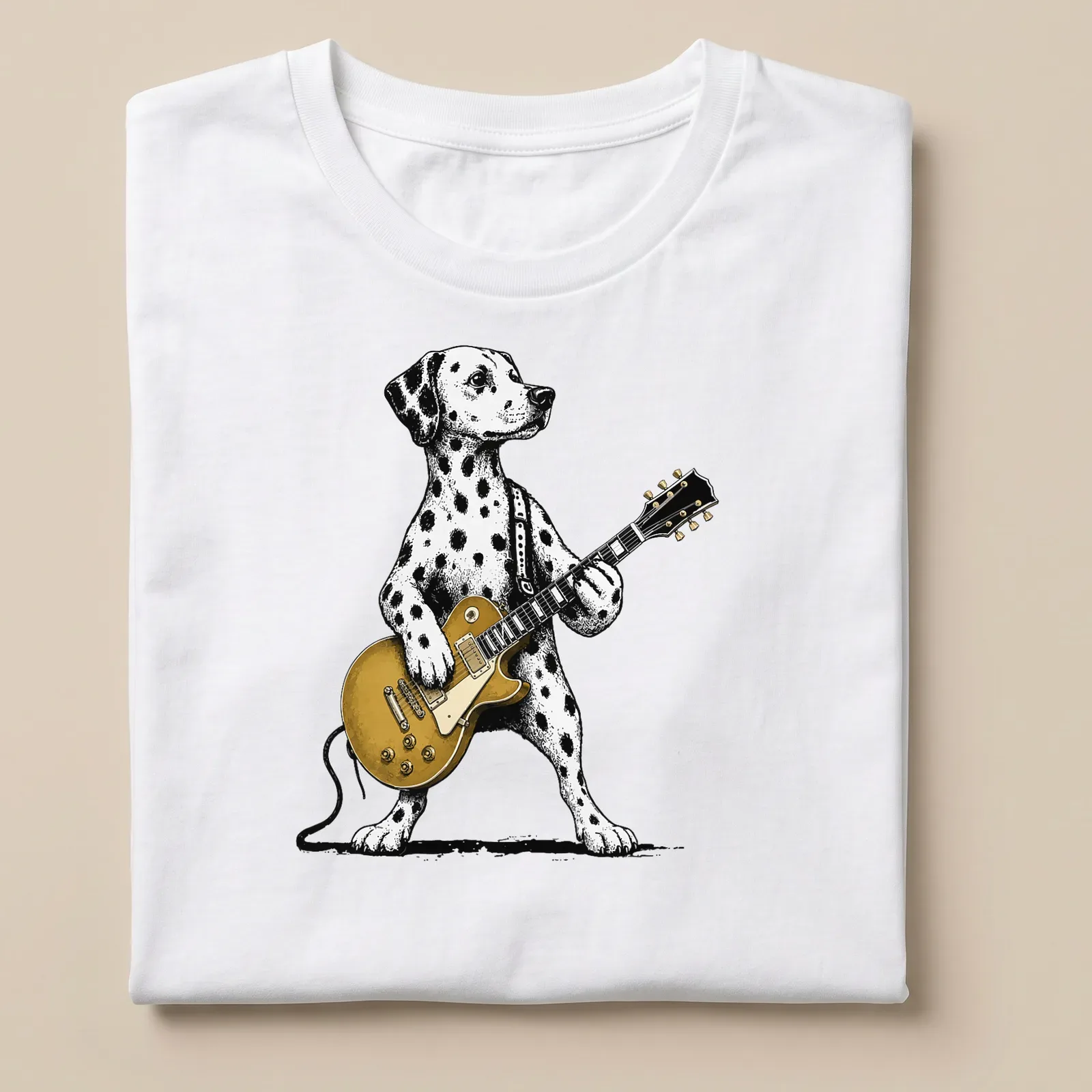 Retro graphic of a Dalmatian dog playing guitar in black, white, and gold — printed on a unisex t-shirt