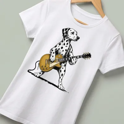 Retro graphic of a Dalmatian dog playing guitar in black, white, and gold — printed on a women's shirt