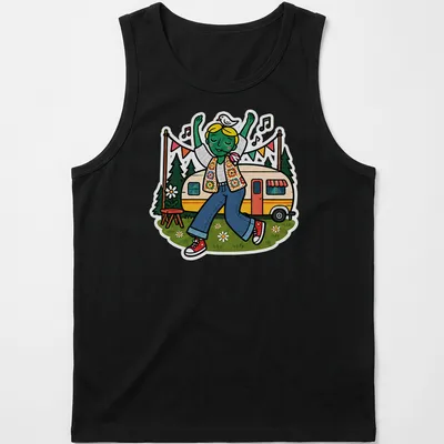 Colorful cartoon T-shirt featuring a dancing caravan with the text 'Festival Camper Vibes' — printed on a tank top