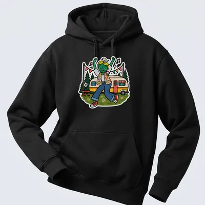 Colorful cartoon T-shirt featuring a dancing caravan with the text 'Festival Camper Vibes' — printed on a unisex hoodie
