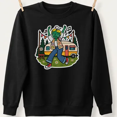 Colorful cartoon T-shirt featuring a dancing caravan with the text 'Festival Camper Vibes' — printed on a unisex sweatshirt