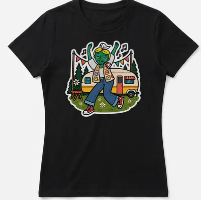 Colorful cartoon T-shirt featuring a dancing caravan with the text 'Festival Camper Vibes' — printed on a women's shirt