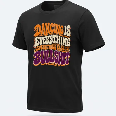 Retro style T-shirt with bold text about dancing in orange, cream, purple, and white