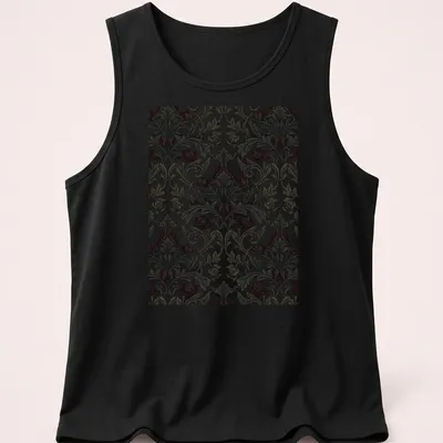 Ornate dark gothic rose damask pattern in red, black, green, and cream — printed on a tank top