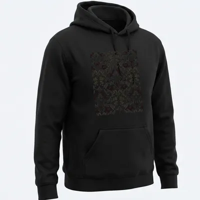 Ornate dark gothic rose damask pattern in red, black, green, and cream — printed on a unisex hoodie