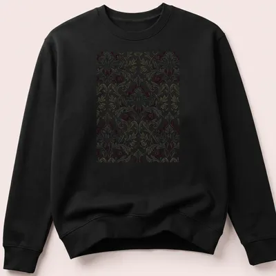 Ornate dark gothic rose damask pattern in red, black, green, and cream — printed on a unisex sweatshirt