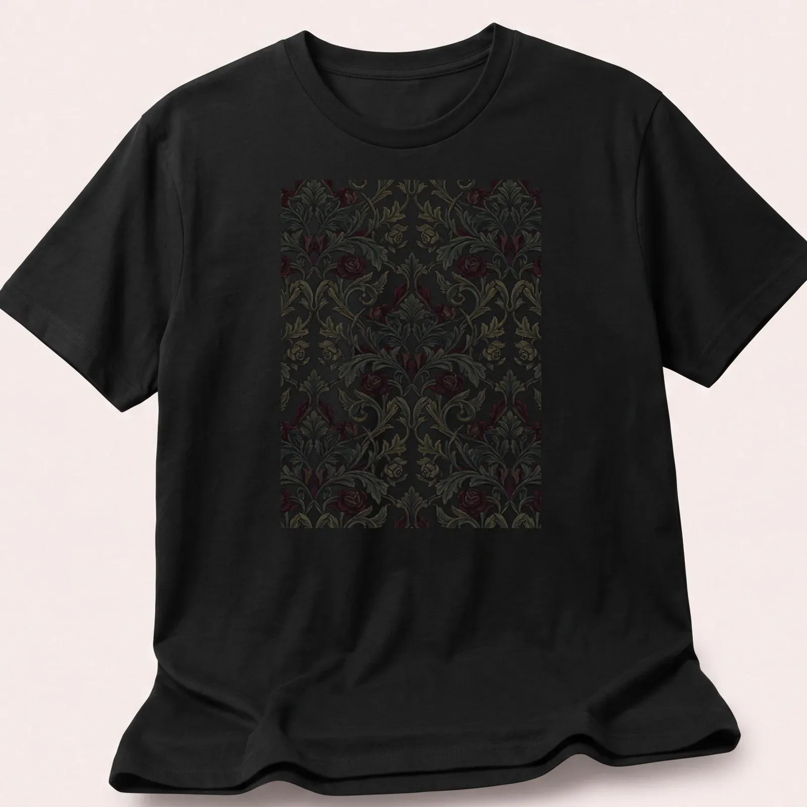 Ornate dark gothic rose damask pattern in red, black, green, and cream — printed on a unisex t-shirt