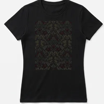 Ornate dark gothic rose damask pattern in red, black, green, and cream — printed on a women's shirt