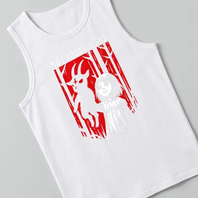 Horror-themed t-shirt featuring a girl holding a goat and the text 'Not Today Jesus' in bold font — printed on a tank top