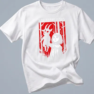 Horror-themed t-shirt featuring a girl holding a goat and the text 'Not Today Jesus' in bold font