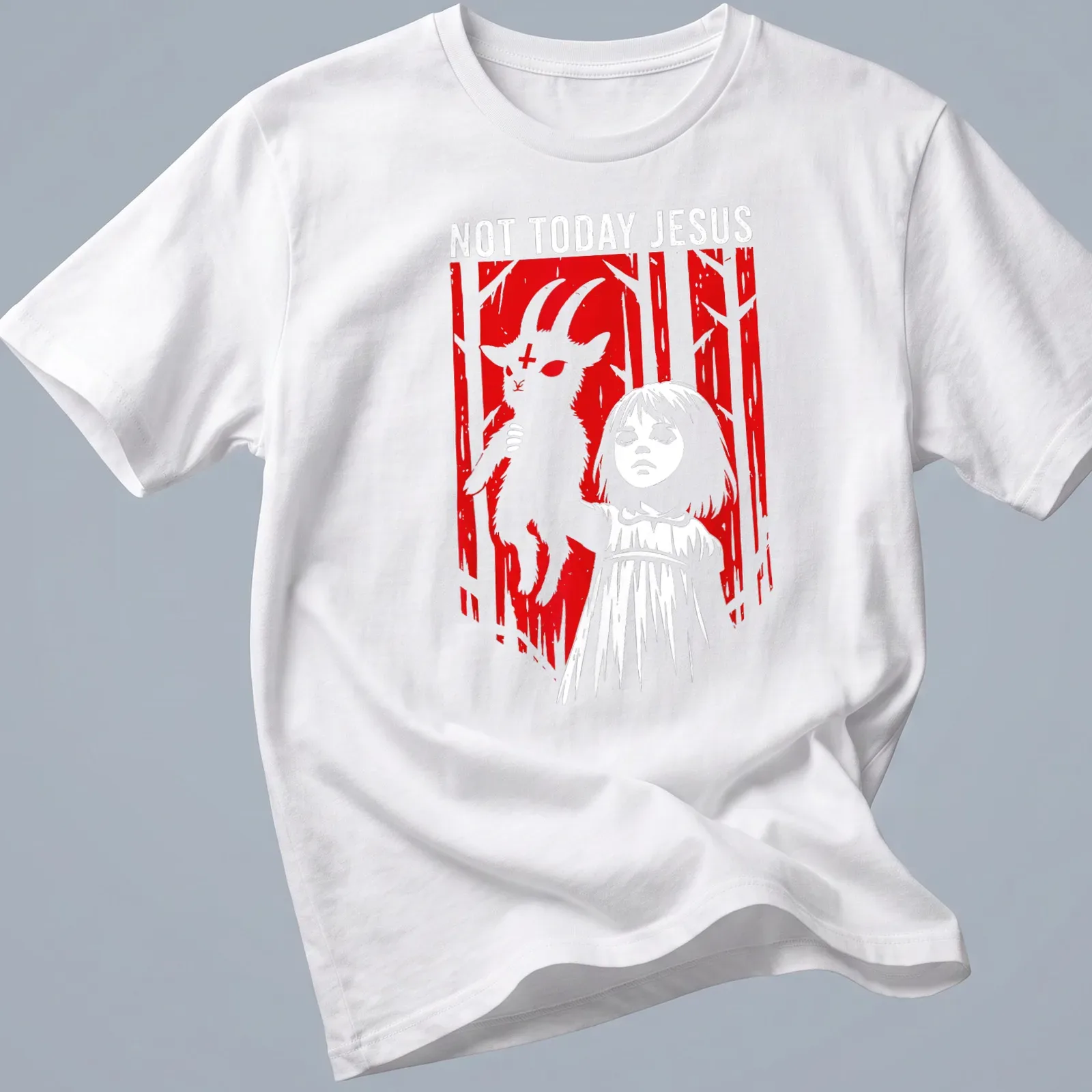 Horror-themed t-shirt featuring a girl holding a goat and the text 'Not Today Jesus' in bold font — printed on a unisex t-shirt