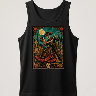 Dancing skeletons in floral patterns celebrating Day of the Dead with colorful design — printed on a tank top