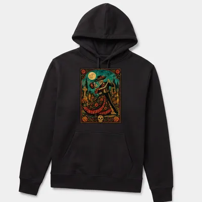 Dancing skeletons in floral patterns celebrating Day of the Dead with colorful design — printed on a unisex hoodie