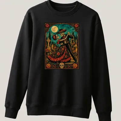 Dancing skeletons in floral patterns celebrating Day of the Dead with colorful design — printed on a unisex sweatshirt