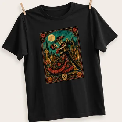 Dancing skeletons in floral patterns celebrating Day of the Dead with colorful design