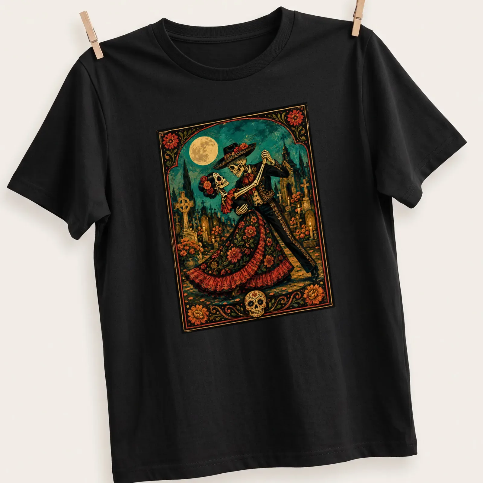 Dancing skeletons in floral patterns celebrating Day of the Dead with colorful design — printed on a unisex t-shirt