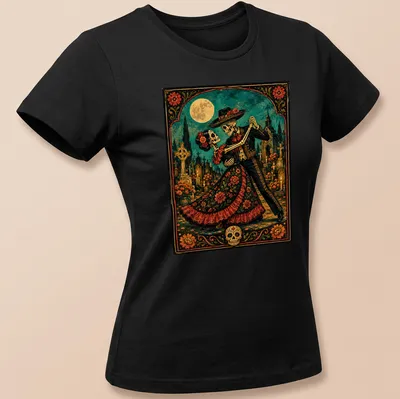 Dancing skeletons in floral patterns celebrating Day of the Dead with colorful design — printed on a women's shirt