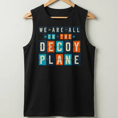 Retro T-shirt with humorous decoy plane illustration and quote — printed on a tank top