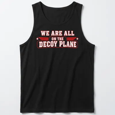 Vintage style t-shirt featuring a decoy plane graphic with bold red and white text. — printed on a tank top
