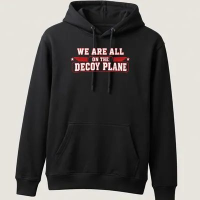 Vintage style t-shirt featuring a decoy plane graphic with bold red and white text. — printed on a unisex hoodie