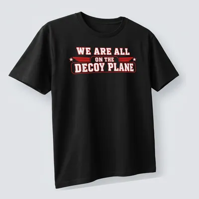 Vintage style t-shirt featuring a decoy plane graphic with bold red and white text. — printed on a unisex t-shirt (angled view)