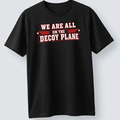 Vintage style t-shirt featuring a decoy plane graphic with bold red and white text.