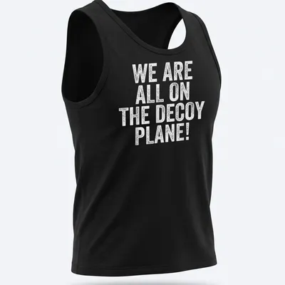 Distressed graphic featuring a decoy plane and playful text. — printed on a tank top